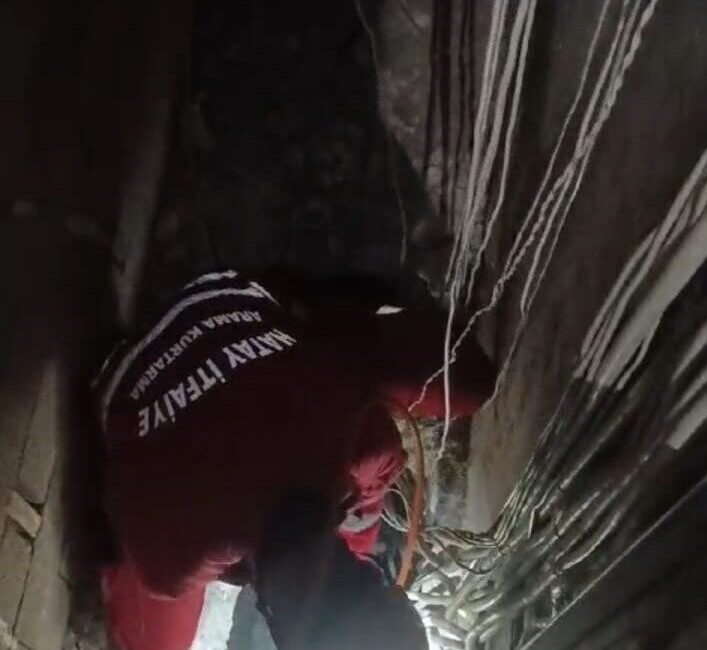 Hatay’ın Dörtyol ilçesinde havalandırma boşluğuna düşen kedinin itfaiye ekipleri tarafından