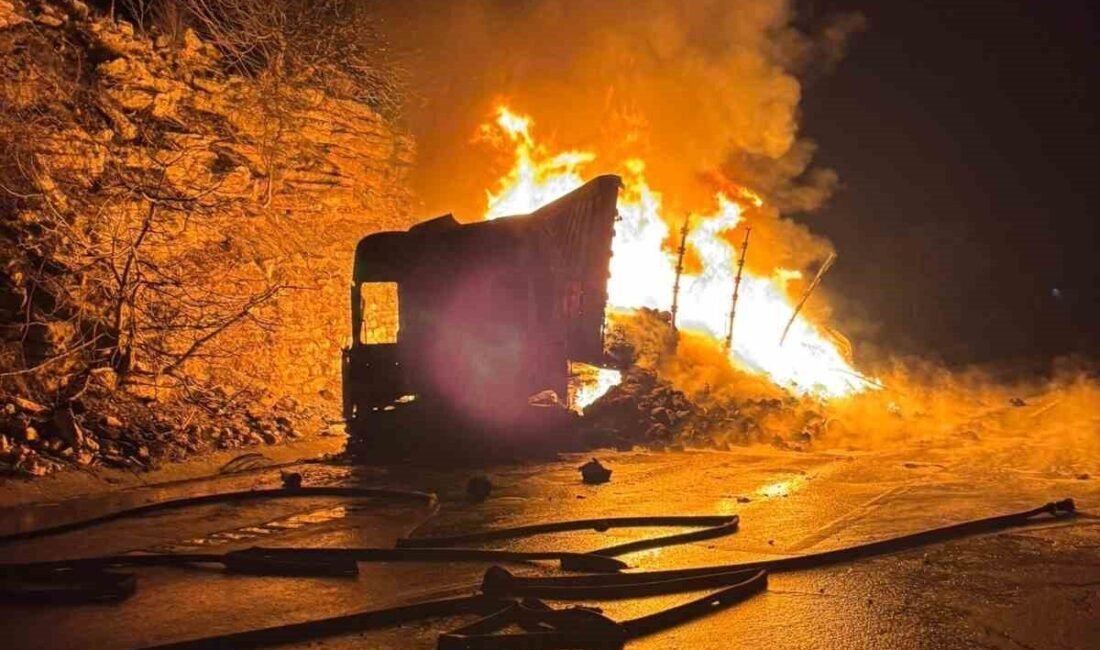Mersin’in Tarsus ilçesinde seyir halindeyken yangın çıkan tekstil malzemesi yüklü