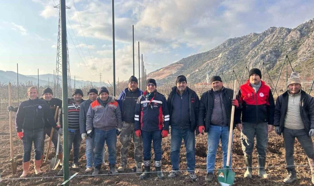Isparta’nın Eğirdir ilçesinde elma fidanı dikimi yapan çiftçilere modern tarım