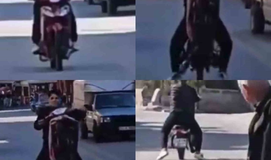 Mersin Erdemli’de motosikletin önünü kaldırarak tehlikeli hareketler yapan sürücü tespit