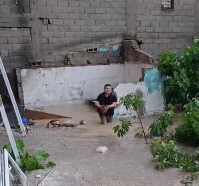 Osmaniye’nin Kadirli ilçesinde etkili olan sağanakta sular altında kalan kümesteki