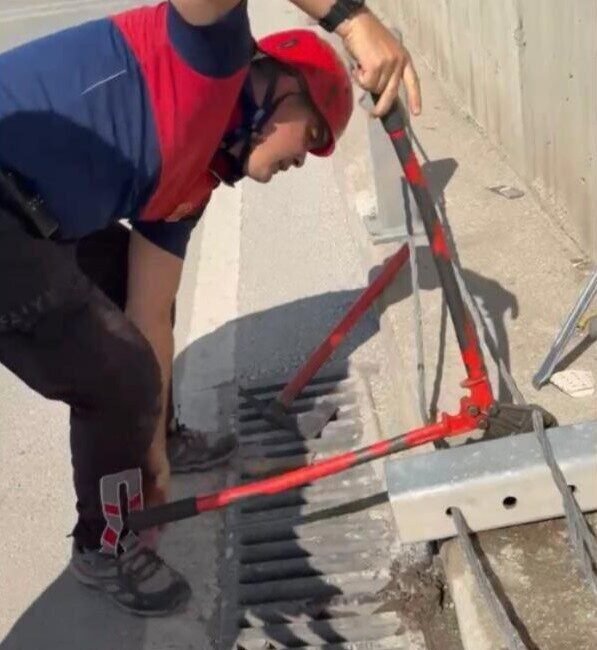 Osmaniye’de alt geçitteki refüj demirinin içinde sıkışan yavru kedi, itfaiye