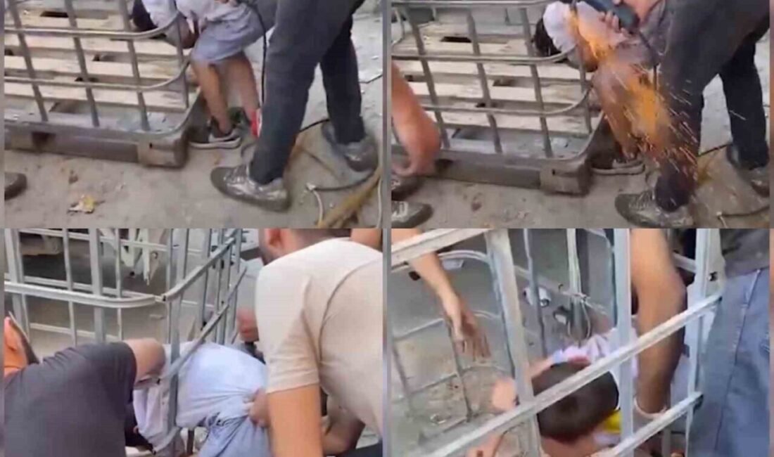 Adana’da bir iş yerinin malzeme taşıma kafesinin parmaklıklarına sıkışan çocuk,