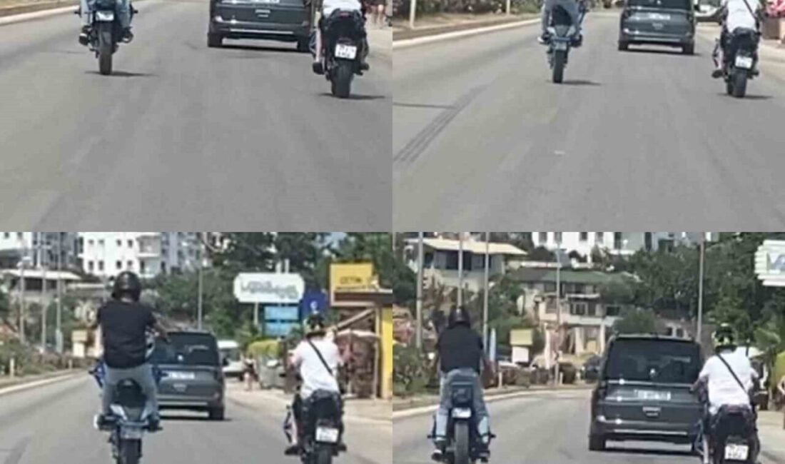 Mersin’de D-400 karayolunda seyreden motosikletli bir sürücü, motorun önün kaldırıp