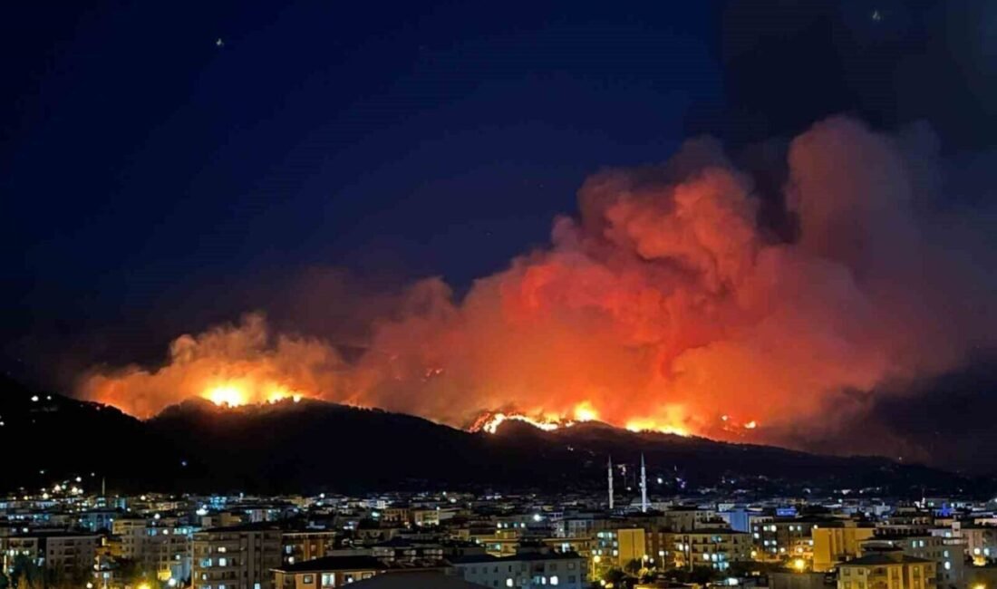 Hatay’ın Dörtyol ilçesinde çıkan orman yangınında metrelerce yukarıya çıkan alevler