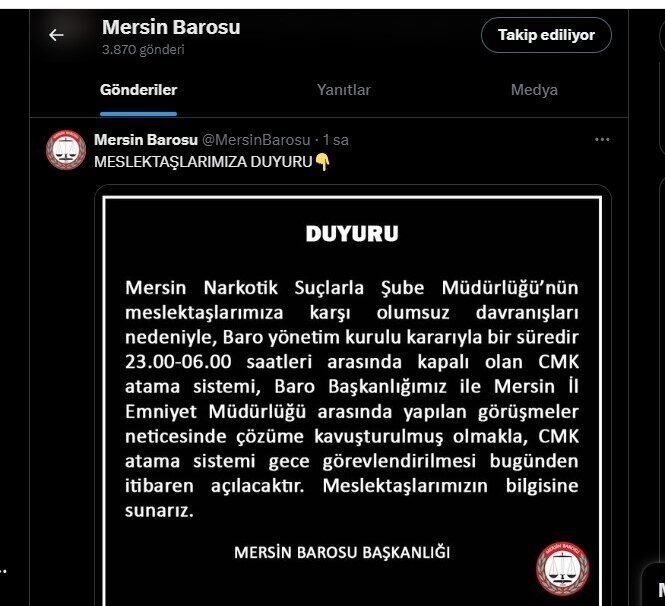 Mersin Barosu, bir süredir gece saatlerinde kapalı olan Ceza Muhakemesi