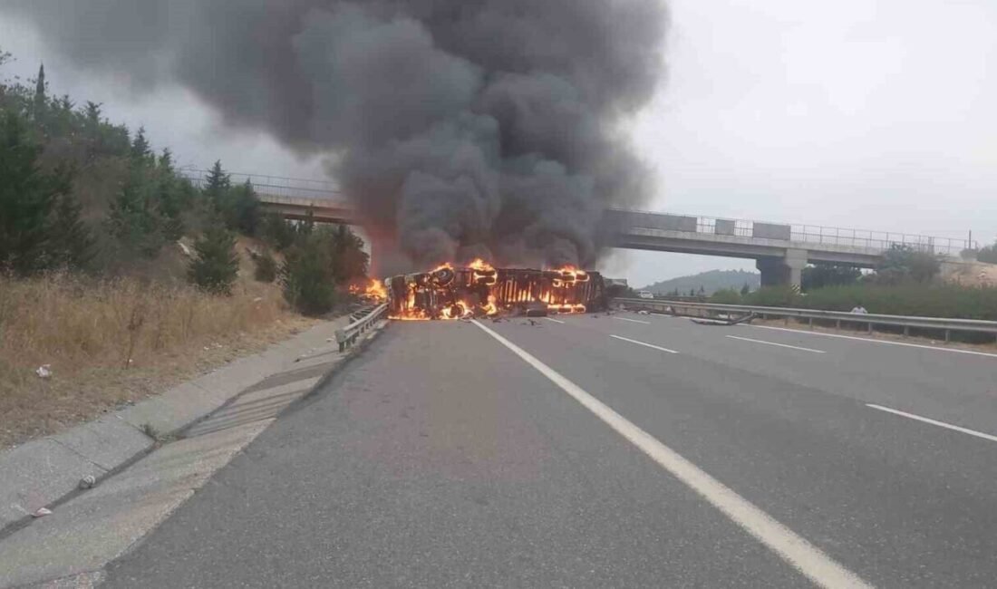 Mersin’in Tarsus ilçesinde refüje çarpıp devrilen elyaf yüklü tır alev