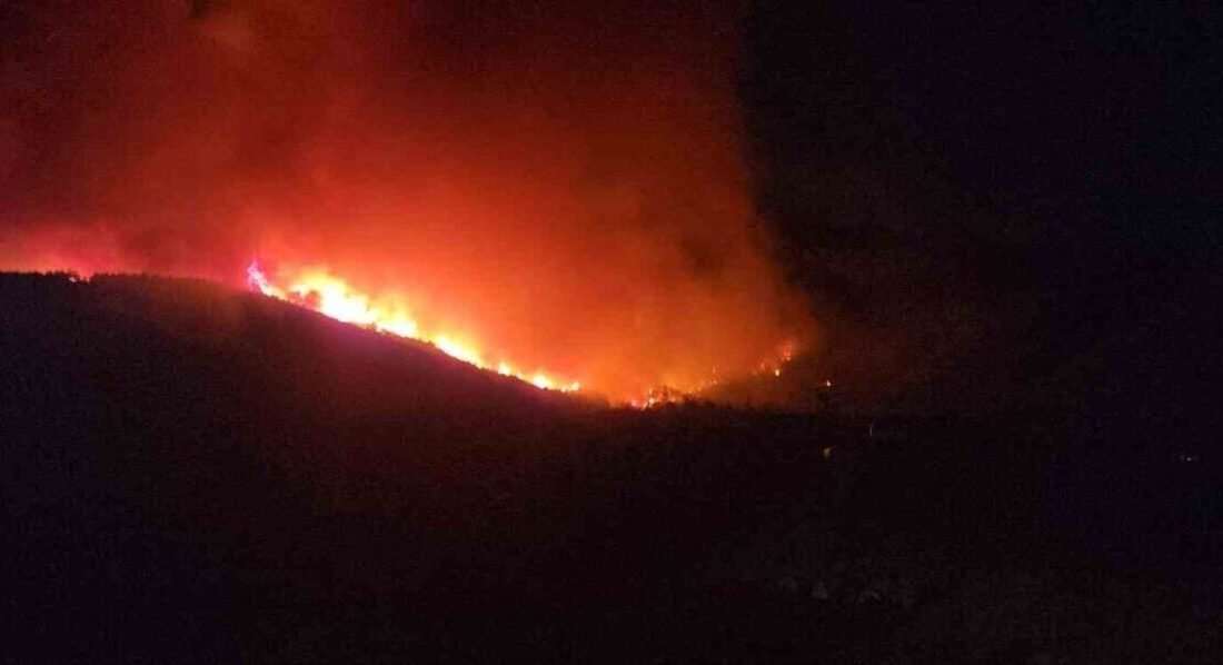 Hatay’ın Hassa ilçesinde rüzgarın etkisiyle büyüyen orman yangınının etkili olduğu