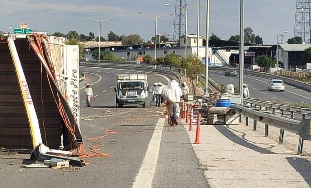 Mersin’de kamyonun kaza yapması sonucu 3 kişi yaralandı, devrilen kovanlardan