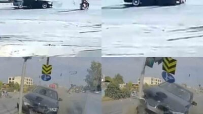 Adana’da otomobilin çarptığı motosiklet sürücüsünün ağır yaralandı kaza anına ait