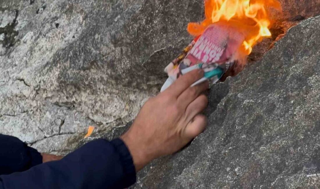 Isparta’da Eğirdir Gölü’nde suların çekilmesiyle açığa çıkan kayalık bölgede bir