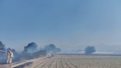 Antalya’nın Serik ilçesinde tarım arazisinde çıkan anız yangını, rüzgârın etkisiyle