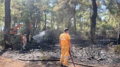 Antalya’nın Kepez ilçesinde çıkan orman yangını, havadan ve karadan müdahaleyle