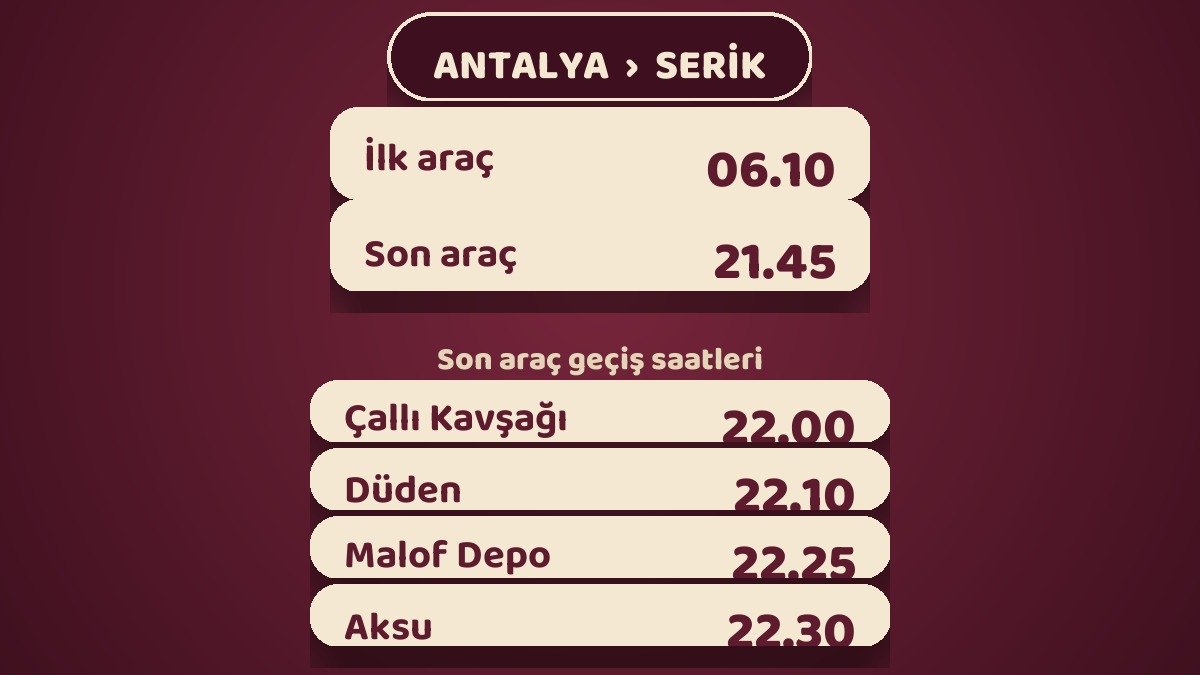 Antalya'dan Serik'e otobüs sefer ve geçiş saatleri
