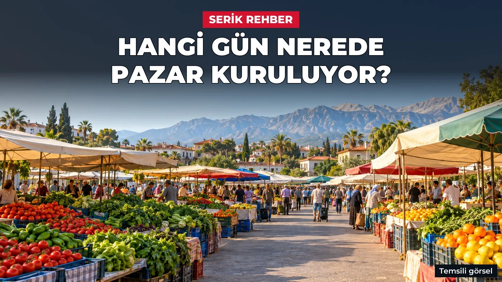 Serik pazar yerleri ve günleri rehberi için yapay zekâ ile üretilmiş temsili semt pazarı görseli